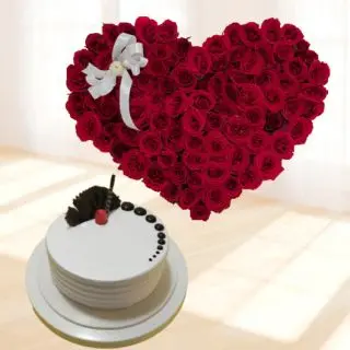 50 red roses heart shape arrangement with half kg vanilla cool cake 
