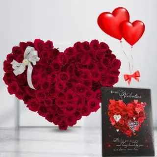 50 red roses heart shape arrangement with valentine day greeting card with pair of 2  heart shape balloons 