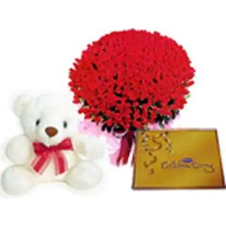 50 Red Roses with 6 inch teddy ,celebration box of chocolates