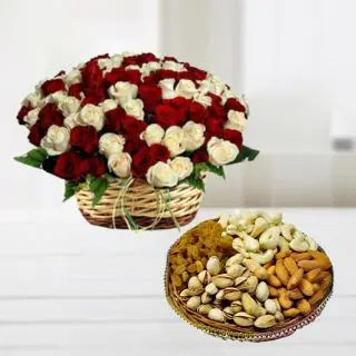 Basket of 50 red and white roses with half kg assorted dry fruits 