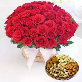 Basket of 50 red roses with box of Half kg assorted dry fruits 