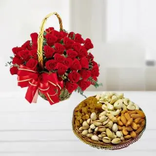 Basket of 30 red roses with half kg assorted dryfruits