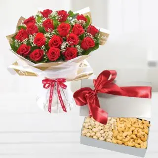 Bunch of 20 red roses with basket of cashew and pistachio