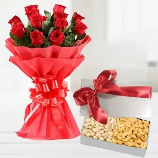 Bunch of 20 red roses with basket of cashew and pistachio
