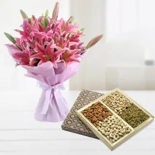 Bunch of 5 pink asiatic lilies with box of assorted dryfruits 