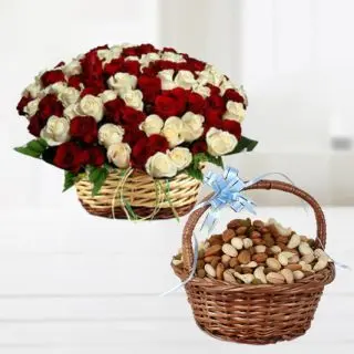 Basket of 50 red&white roses with half kg assorted dryfruits