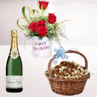 5 red roses arranged in photo mug, bottle of champagne with box of haf kg assorted dry fruits 