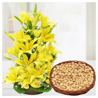 Exclusive lilies 2 feet height arrangement with Basket of Half kg almonds