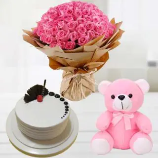 50 pink roses bouquet with 6 inch pink teddybear with vanilla cake 