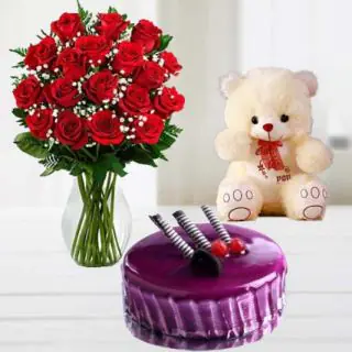 20 red roses in glass vase with1 feet height teddybear with black currant cake 