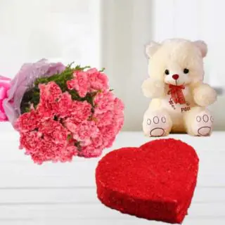 Bunch of 12 pink carnation with heart shape red velvet cake with 6 inch teddybear 