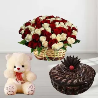 50 red and white roses basket with 6 inch teddy bear with chocolate fudge cake