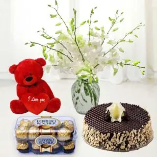 white orchids in glass vase with chocolate almond cake with 6 inch teddybear with 16 pcs rocher ferrero chocolates 