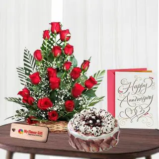 20 red roses basket arrangement with half kg choco vanilla cake with anniversary card 