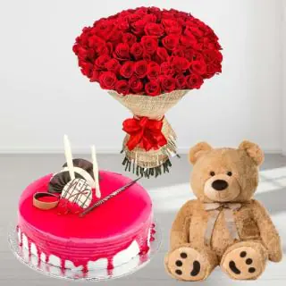 Beautiful Big bouquet of 100 red roses with strawberry cool cake with 1 feet heigh teddybear