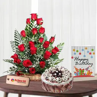 20 red roses basket arrangement with half kg choco vanilla cake with birthday card 