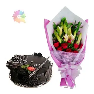 Bunch of red roses with fresh lilies and 1 pound chocolate fantasy cake 