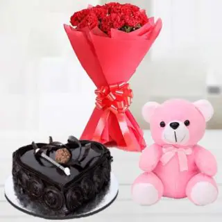 Bouquet of 10 red carnations with 6 inch pink teddybear with heart shape chocolate cake 