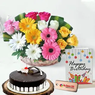 Basket Arrangement of 15 mix gerberas with half kg choco vanilla cake with birthday card 