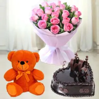Bunch of 20 pink roses with heart shape chocolate cake with 6 inch teddybear 