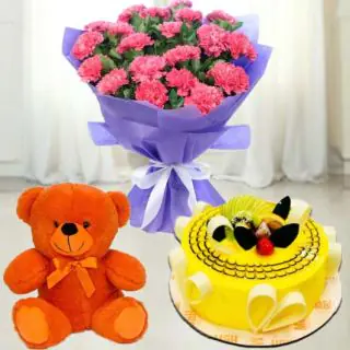 Bouquet of 20 pink carnations with 1 feet height teddybear with premium quality pineapple cake 