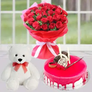 50 red roses bouquet with strawberry cake with 1 feet height teddybear 