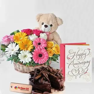 Basket Arrangement of mix color gerberas with cute teddy bear sitting in it with half kg chocolate truffle cake with anniversary card 