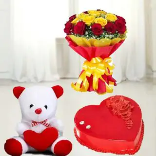 20 red and yellow roses bouquet, red velvet heart shape cake with 1 feet height teddybear  