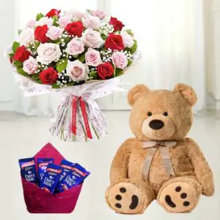  20 red and pink roses bouquet with 6 inch teddy bear & pack of 5 dairy milk chocolate