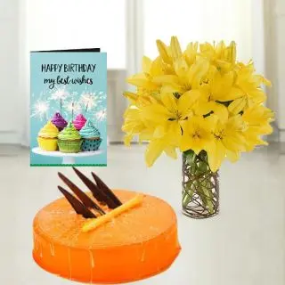 8 yellow lilies in glass vase, orange cool cake, birthday greeting card 