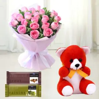  bunch of 20 Pink roses with pair of 2 temptations chocolate & 6 inch teddy bear 
