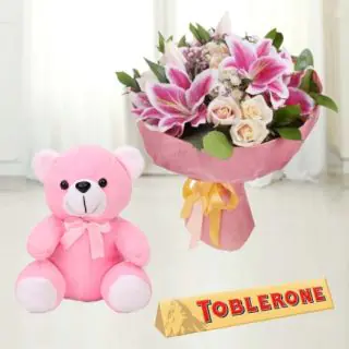 mix flowers bouquet with 6 inch pink teddy bear & toblerone chocolate 