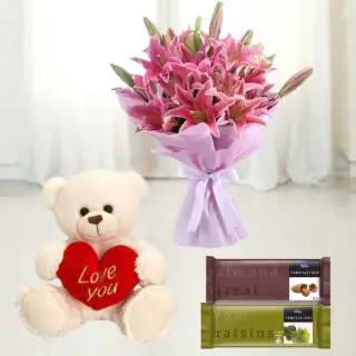 Bunch of 5 pink lilies with set of 2 temptations & 6 inch height teddy bear 