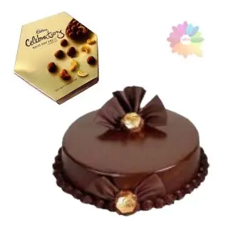 double chocolate cake with box of cadbury premium chocolates 