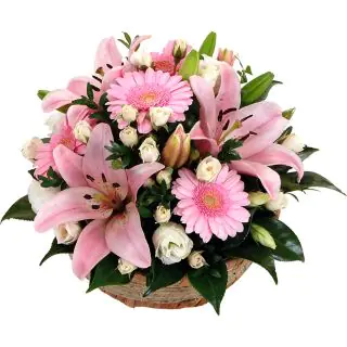 Basket Arrangement of pink lilies with pink gerberas with white roses