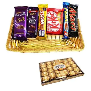 Basket of 24 pcs Ferrero rocher,1 dairymilk silk,1 mars,with combination of perk,dairymilk,perk kitkat 