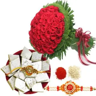 A grand looking exotic Bunch of 100 long stem dutch roses with 1 kg kaju katli with 1 rakhi and roli chawal 