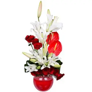Bunch of white lilies and red anthuriums
