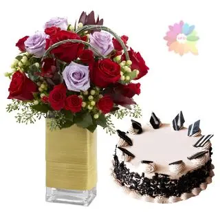 Arrangement of Mix colour roses in glass vase  with 1 kg choco vanilla cake