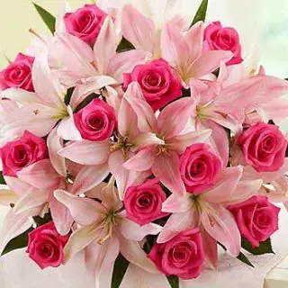 15 pink roses with 3 pink Lilies