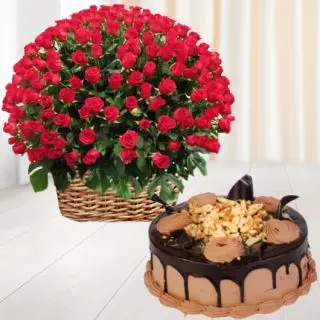 Basket arrangement of 100 red roses with chocolate cashew cake