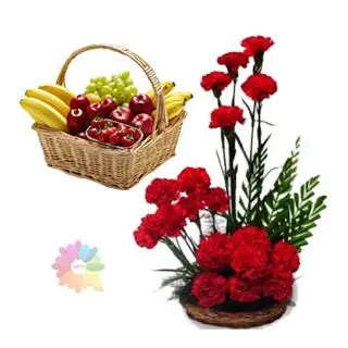 Basket arrangement of 20 red carnations with 3 kg mix fruit basket 