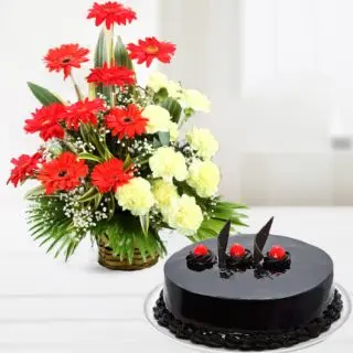 Basket arrangement of 20 Red gerberas with yellow carnations with chocolate truffle cake 
