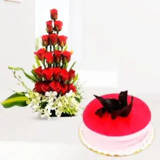 Basket arrangement of 20 red roses with 5 white orchids with strawberry cool cake 