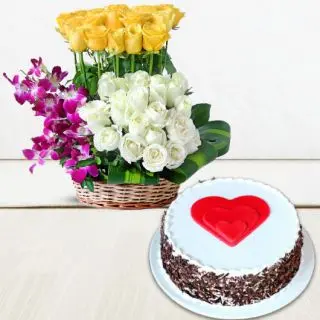 Basket Arrangement of 25 white and yellow roses with 5 orchids, black forest cool cake 