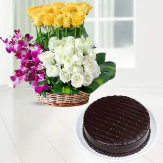 Basket Arrangement of 25 yellow and white roses basket with 5 orchids with chocolate cake 