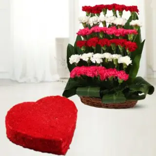 Basket Arrangement of 30 mix colour carnations with heart shape red velvet cake 