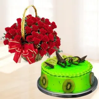 Basket arrangement of 30 red roses with kiwi cool cake 