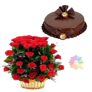 Basket arrangement of 40 red roses with 1 pound double chocolate cake