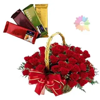 Basket arrangement of 30 red roses with set of 4 temptations chocolates